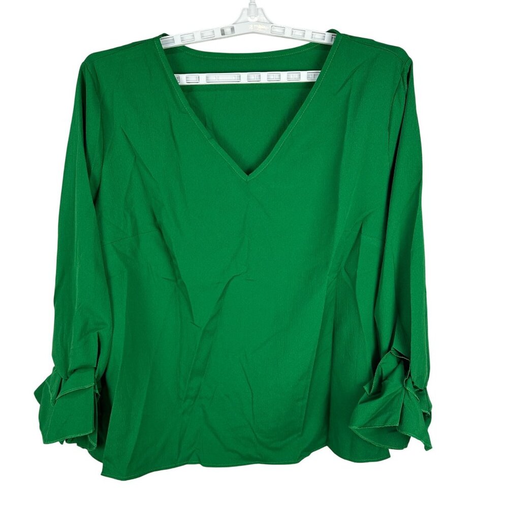 V-Neck Green Blouse Women’s 3XL Polyester/Spandex Long Sleeve Ruffled Cuff China